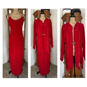 Vintage Midi Dress Jacket Set Red Asian Inspired Mandarin Romantic LARGE READ